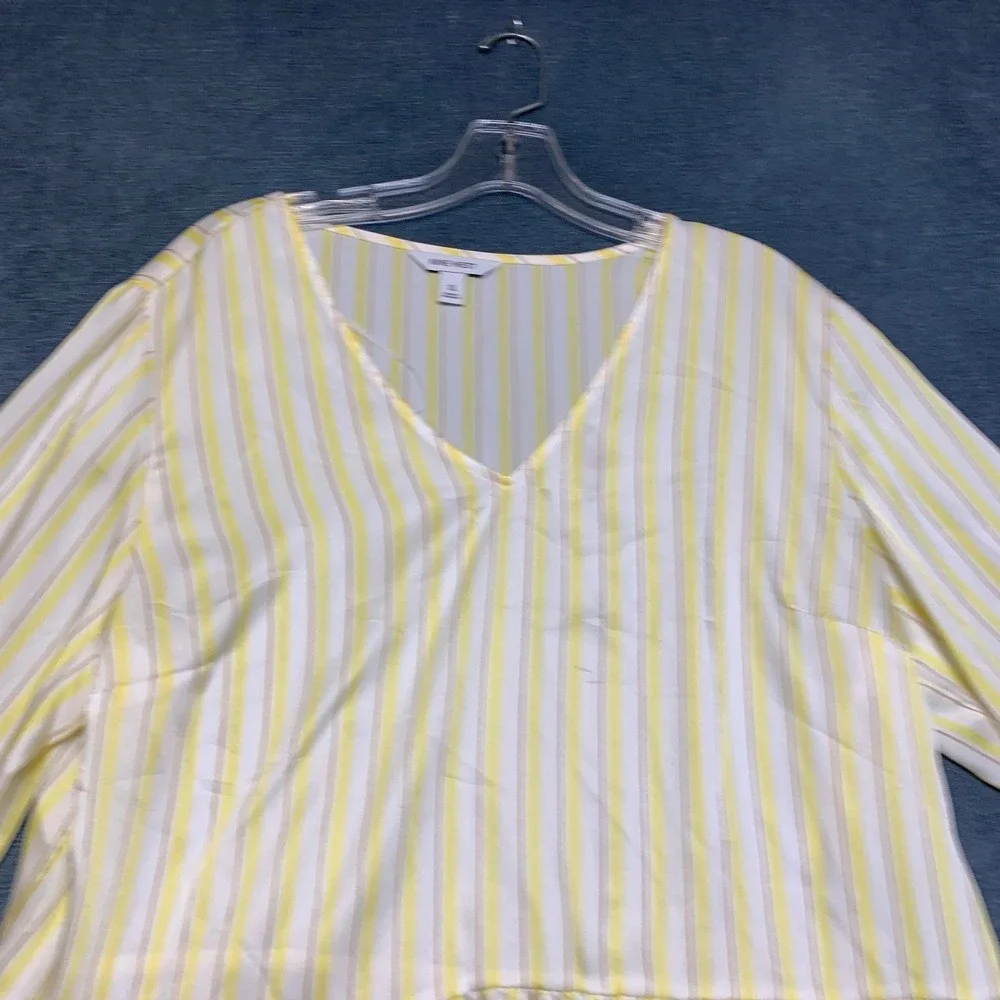 Nine West Shirred Tunic Top Womens XL Yellow White Striped V Neck Long Sleeve